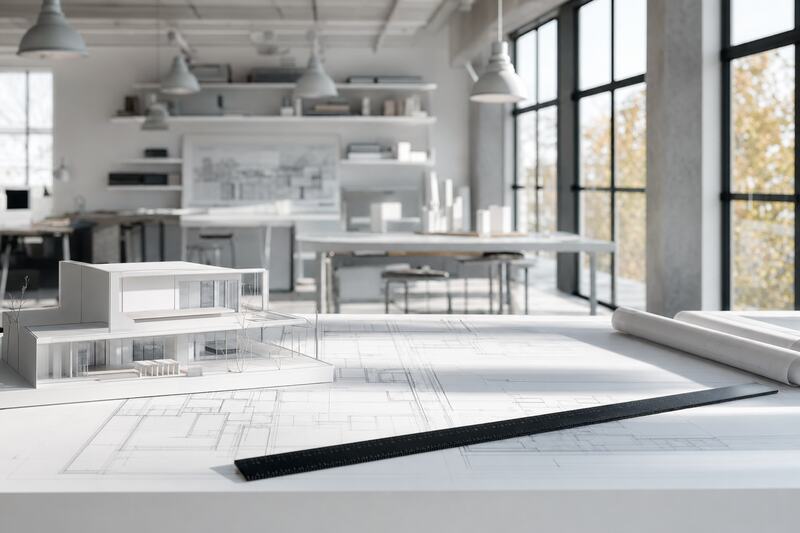 Studio with architectural model representing design firms